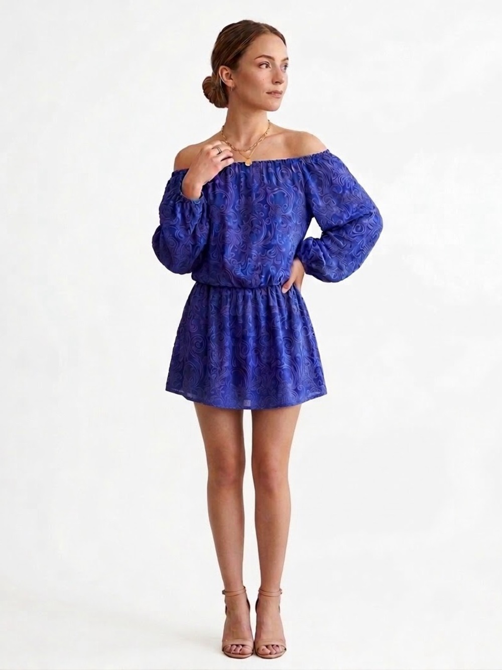 Alexis Blue Embroidered Floral Mini Dress / Tunic Puffy Sleeves Size XS